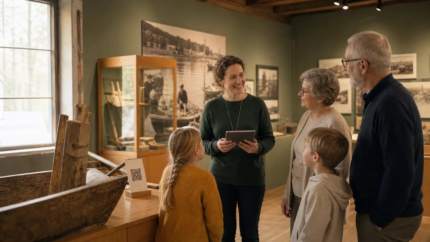 Perhe pelaa QR-seikkailua museossa oppaan johdolla